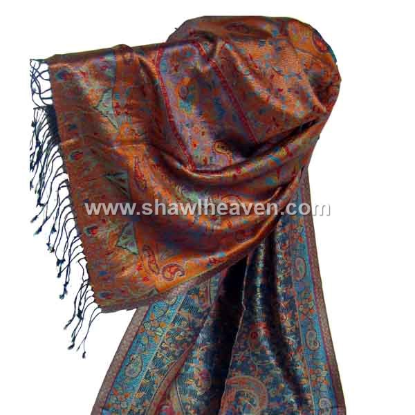 Blue/bronze silk jacquard stole, indian silk scarf